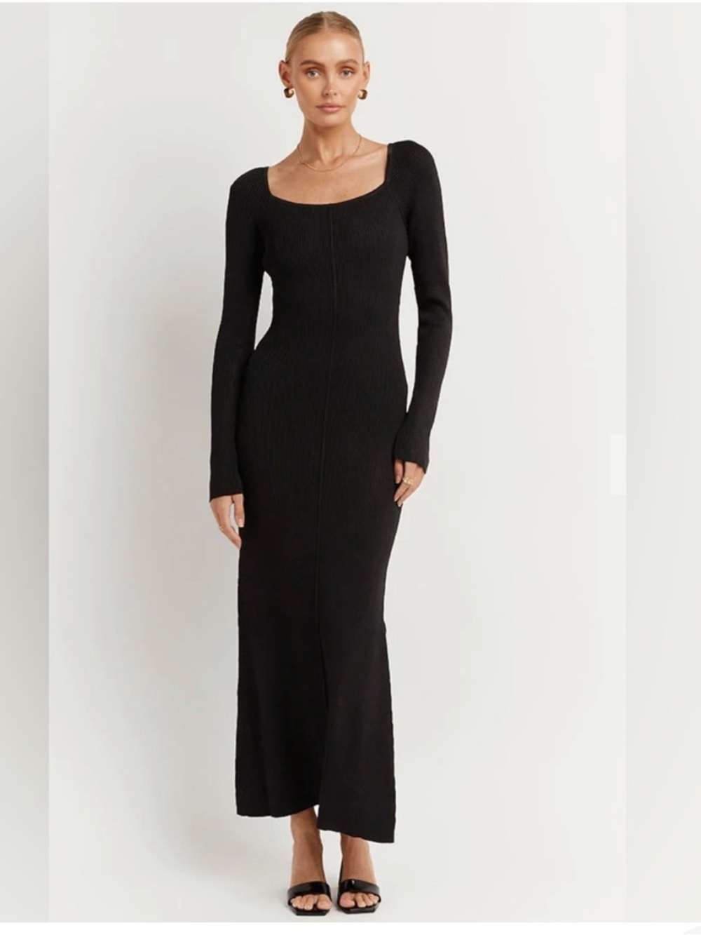 DISSH Lena Black Square Neck Long Sleeve Rib Knit Maxi Dress XXL